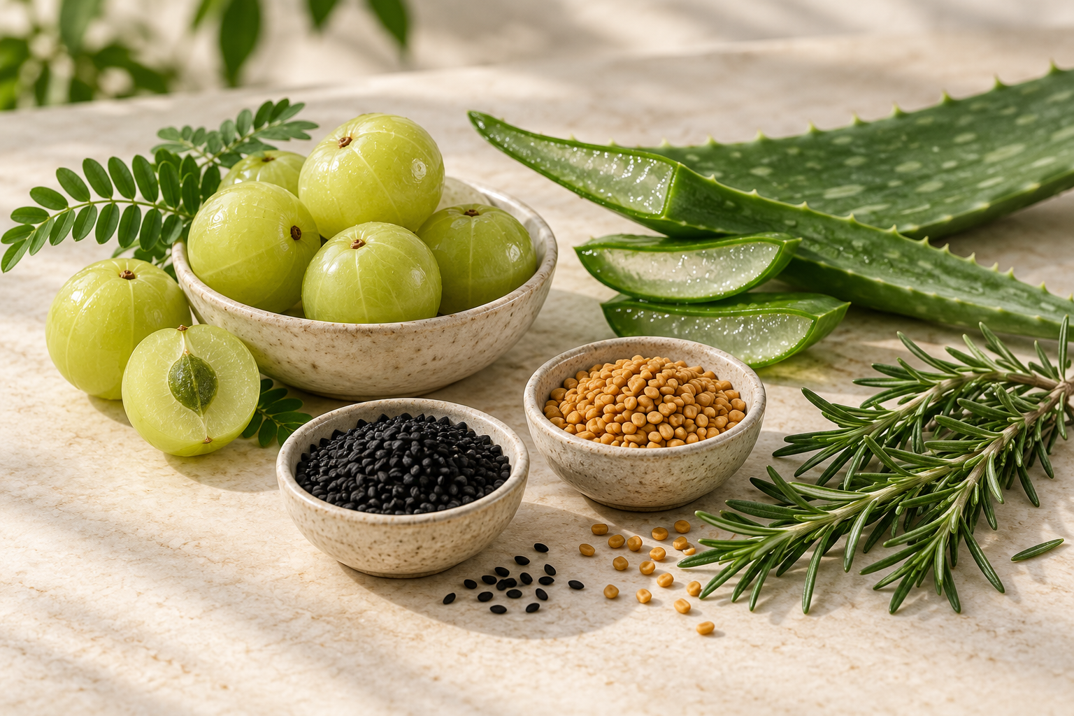 Editorial arrangement of amla, aloe vera, rosemary, black seed and fenugreek